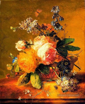 Fleur classiques œuvres - Fleurs dans un panier sur un marbre Ledge Jan van Huysum fleurs classiques